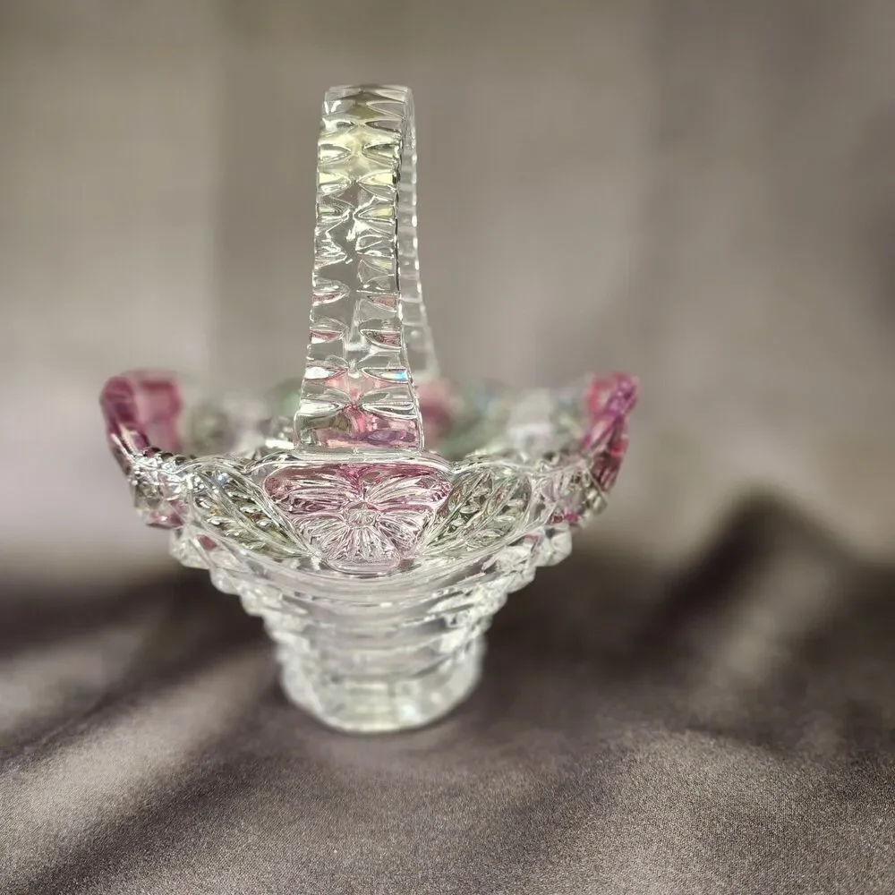 Vtg Anna Hutte Bleikristall Crystal basket Pink flowers  7